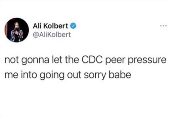 Memes That Are Funny “Not gonna let the CDC peer pressure me into going out sorry babe” width=