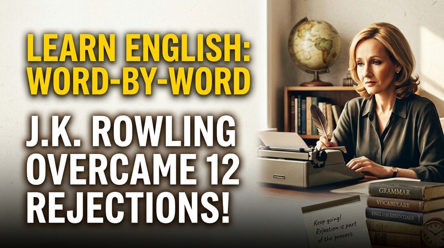 Educational banner for an English lesson titled "Learn English Word by Word: How J.K. Rowling Overcame 12 Rejections." The image shows a writer at a typewriter with books on English grammar and vocabulary, illustrating persistence in language learning.