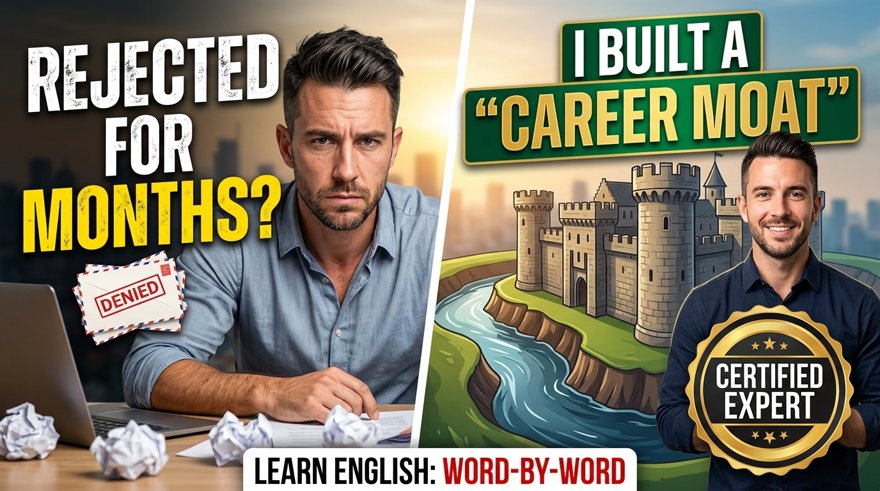 Learn English Word-by-Word lesson showing a man transitioning from career rejection to success by building a career moat.