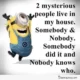 A funny Minion quote about 'Somebody and Nobody' living in the house on a white gradient background. A Funny minion quote humorous joke about household mystery and shared family responsibility