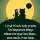 An inspirational quote by Doe Zantamata about good friends restoring smile, hope, and courage, set below silhouettes of a rabbit and bear holding a balloon against a full yellow moon. A heartwarming quote by Doe Zantamata celebrating how true friends help restore joy, hope, and strength during challenging times