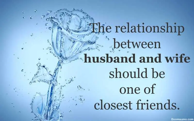An inspirational quote about marriage and friendship in dark serif text alongside a delicate rose formed from splashing water against a soft blue background. An inspiring quote emphasizing the importance of deep friendship and companionship in marriage