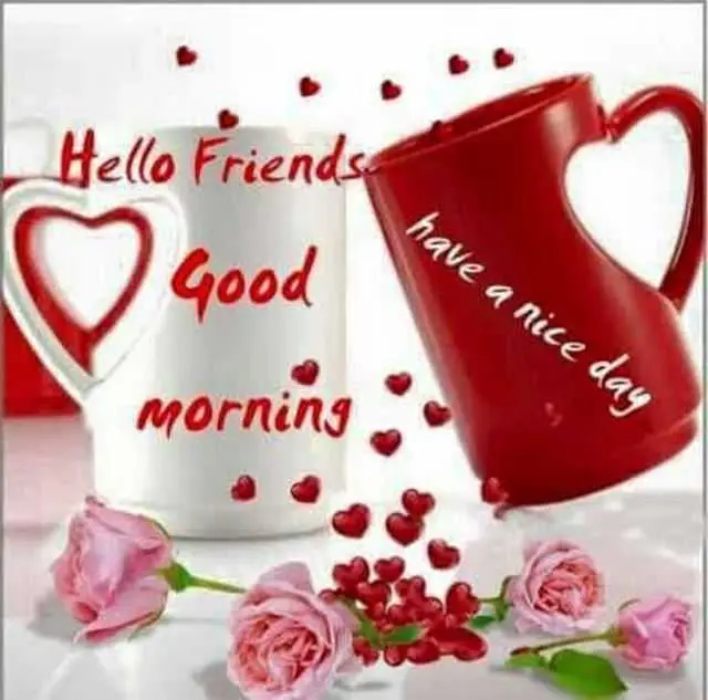 A bright good morning greeting card featuring a white mug with red script and a tilted red mug with heart-shaped handles alongside pink roses and small red heart decorations. Good Morning Quotes A cheerful and friendly morning greeting designed to wish friends a beautiful day