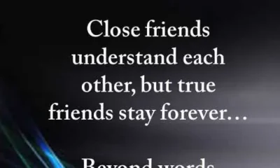 An inspirational quote about true friendship written in white serif font over a dark metallic background with blue and green abstract light streaks. Good friends care for but true friends stay forever. Best Friendship Quotes