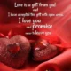 A romantic quote reading 'Love is a gift from god and I have accepted this gift with open arms. I love you and promise never to leave you' in white text over two sparkling red hearts on a red silk background. romantic and heart felt affirmation celebrating love as a divine gift and declaring lifelong commitment and devotion