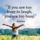 A motivational quote reading 'If you are too busy to laugh, you are too busy.' set against a background of a woman with outstretched arms in a field of green grass with mountains and clouds in the background. If You Are Too Busy To Laugh Proverb Image Quote and image