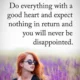 An inspirational quote card. The top white section has black serif text that reads, 'Do everything with a good heart and expect nothing in return and you will never be disappointed.' Below the text is a photo of a woman with vibrant red hair, wearing sunglasses and a black top, sitting in a field of tall purple lavender or salvia flowers. A small watermark for 'BoomSumo.com' is in the bottom right corner. Inspirational Quote Card on Good Deeds and Expectations with Red Haired Woman