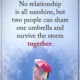 An inspirational romantic quote card featuring centered black and pink typography over a soft blue sky background, depicting a couple embracing under a pink umbrella, with the BoomSumo.com watermark in the lower right. Survive The Storm Together Romantic Relationship Quote Card Images